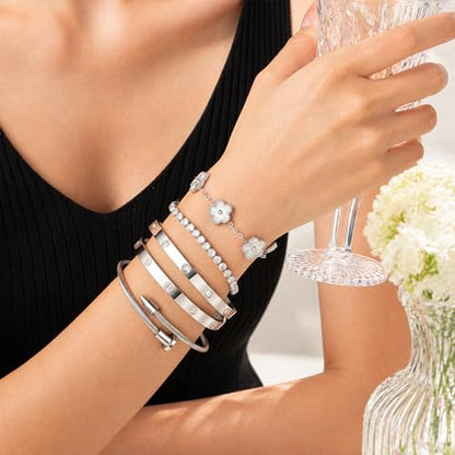 18K Gold Plated Love Bangle Bracelet Stack for Women, Adjustable Clover Bracelet & CZ Tennis Chain Set, Stackable Layered Jewelry, Fade Resistant, Long-Lasting Luster for Daily Wear & Gift - color: 5Pcs Silver