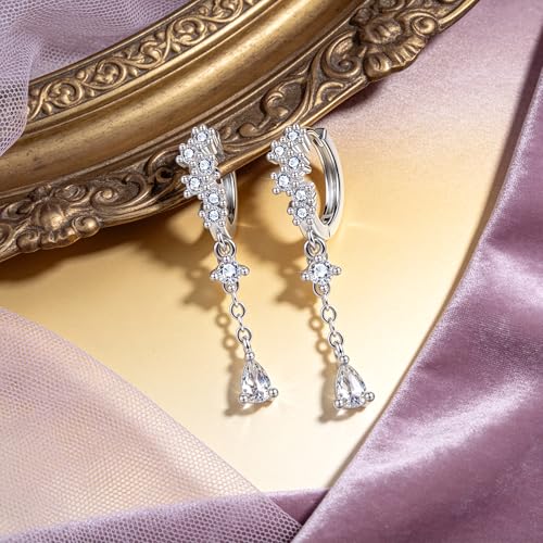 Silver CZ Dangle Earrings Hoop Leverback Drop Earrings Jewelry in Gifts Box | Hypoallergenic Elegant Cubic Zirconia Lightweight Drop Sliver /14k Gold Chain Drop Earring Jewelry for Women Daily Wear - color: Silver