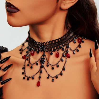 ACEDRE Gothic Lace Bead Choker Necklace Black Red Vampire Collar for Women | Halloween Victorian Costume Necklaces Jewelry
