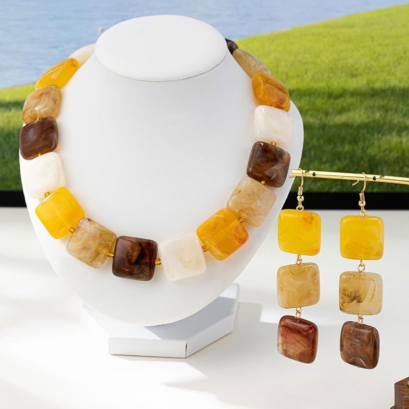 Retro Square Resin Beaded Jewelry Set Bohemia Vintage Adjustable Geometric Acrylic Beaded Choker Necklaces Dangle Earrings for Women Boho Trendy Wedding Party Statement Jewelry Gifts - style: StyleB