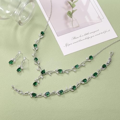 EVER FAITH Cubic Zirconia Pearl Leaf Bridal Jewelry Set for Bride Women | White Wedding Prom Necklace Dangle Earrings Bracelet, for Bridesmaid - color: CZ_Green Silver-Plated-Brass