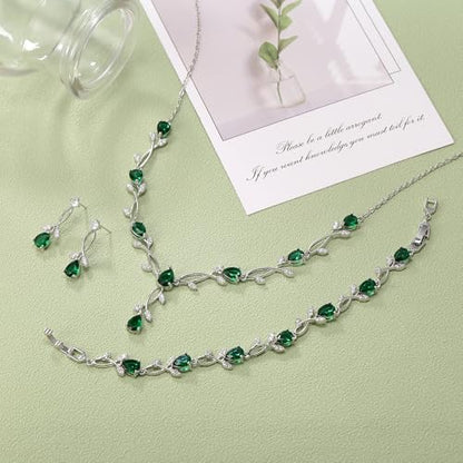 EVER FAITH Cubic Zirconia Pearl Leaf Bridal Jewelry Set for Bride Women | White Wedding Prom Necklace Dangle Earrings Bracelet, for Bridesmaid - color: CZ_Green Silver-Plated-Brass