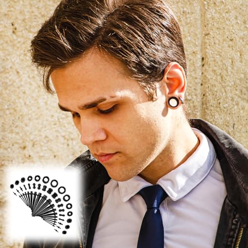 50 Pcs Ear Stretching Kit, Acrylic Gauges for Ears 14G-00G | Lightweight Tapers+ Plugs+ Silicone Tunnels, Gauge Stretching Kit, Piercing Earring Jewelry for Men, Women, Starter Expanders - color: Black
