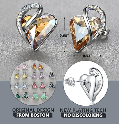 Infinity Love Heart Stud Earrings for Women, Birthstone and Healing Stone, Gifts for Mom, Wife, and Her, Silver Plated - color: 11c-November-Silver Tone-Healing Stone for Power-Yellow Shade