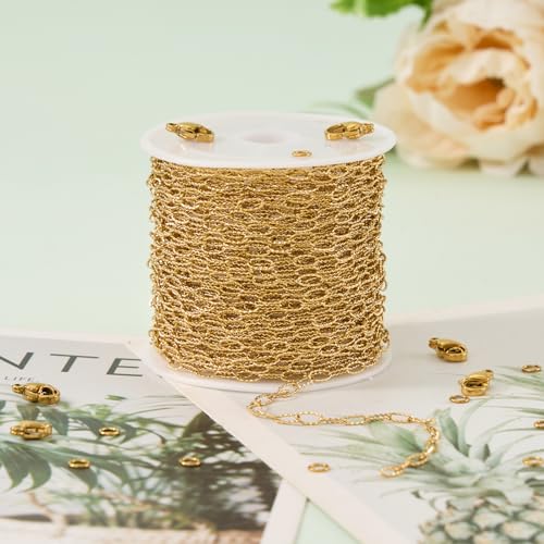 UMAOKANG 32.8 Feet Embossed Paperclip Jewelry Chain Roll Dainty Gold Plated Stainless Steel Chains for Jewelry Making - color: Embossed Paperclip Gold