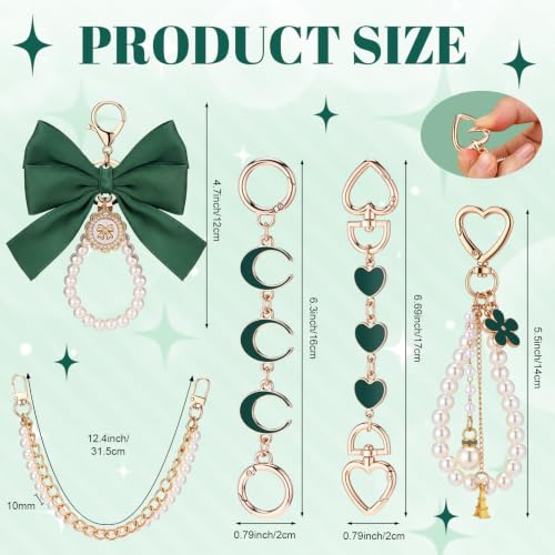 Sureio 5 Pcs Bag Extender Chain Pearl Purse Chain Ribbon Bow Keychain Extender Bag Strap Purse Charms Accessories for Handbag - color: Dark Green and Gold