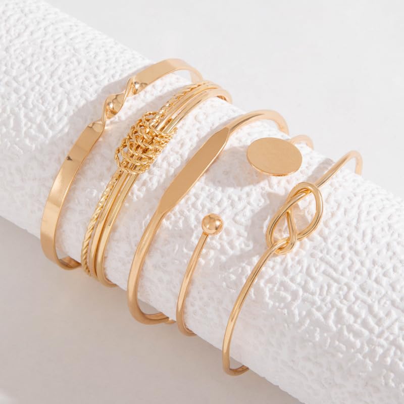Gold Bangle Bracelets for Women, 14k Gold Plated Multi Layer Textured Stackable Open Bracelet Set Boho Indian Bangles Stackable Set Trendy Elegance Charms Non Tarnish Minimalist Bangle Pack - style: Gold 5Pcs