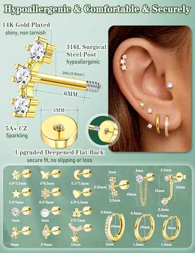 Hypoallergenic Flat Back Earrings Cartilage Earring Stacks for Sensitive Ears - Toe Rings for Women 14K Gold Filled Simple Hug CZ Triple Open Band Rings