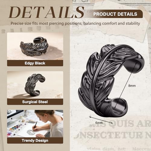 Gothic Stainless Steel Ear Cuffs Non Piercing Cartilage Clip On | Punk Emo Y2k Alt Goth Style,Men Women,Silver Fake Earring,Hypoallergenic Adjustable,Jewelry Gift,Edgy design - color: L3-Black Leaf Design