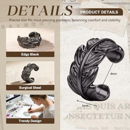 Gothic Stainless Steel Ear Cuffs Non Piercing Cartilage Clip On | Punk Emo Y2k Alt Goth Style,Men Women,Silver Fake Earring,Hypoallergenic Adjustable,Jewelry Gift,Edgy design - color: L3-Black Leaf Design