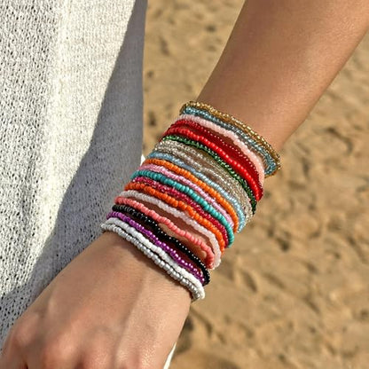 16-30Pcs Handmade Bohemian Colorful Crystal Seed Beads Stackable Adjustable Elastic Stretch Multilayerd Bracelets for Women Summer Vacation Beach Boho Bangle Jewelry - color: mix 1