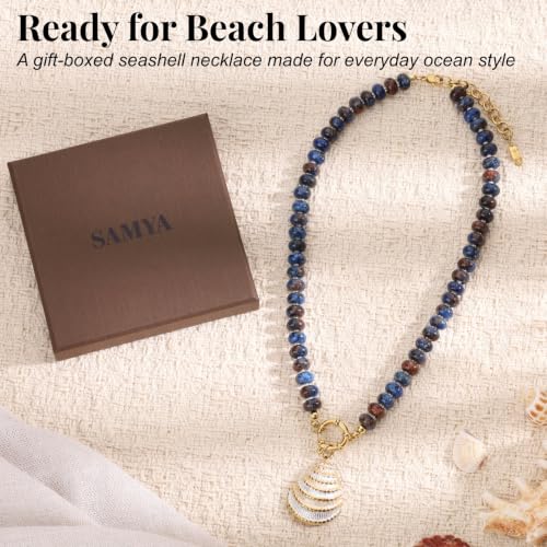 SAMYA Gemstone Beaded Necklace for Women | Ocean Charm Necklace with 8x4mm Natural Dyed Jade Beads, Adjustable 16"+2" Beach Necklace for Women - color: Deep blue jade