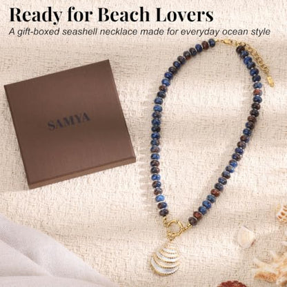 SAMYA Gemstone Beaded Necklace for Women | Ocean Charm Necklace with 8x4mm Natural Dyed Jade Beads, Adjustable 16"+2" Beach Necklace for Women - color: Deep blue jade