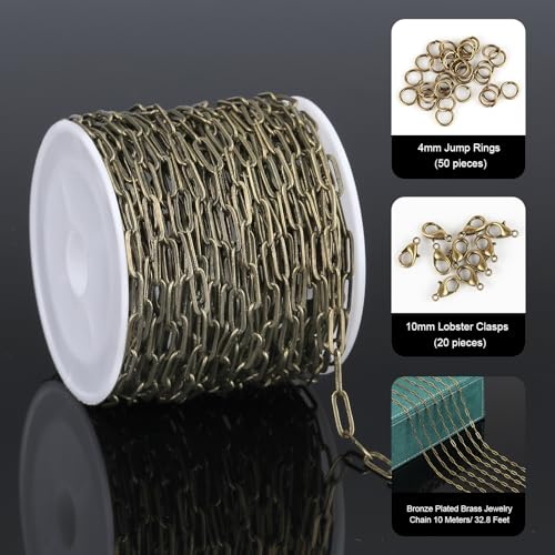 UMAOKANG 32.8 Feet Bronze Plated Brass Jewelry Making Chains Bulk Paperclip Chain for Jewelry Making Jewelry Supplies Findings - color: Bronze Paperclip