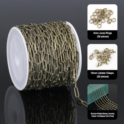 UMAOKANG 32.8 Feet Bronze Plated Brass Jewelry Making Chains Bulk Paperclip Chain for Jewelry Making Jewelry Supplies Findings - color: Bronze Paperclip