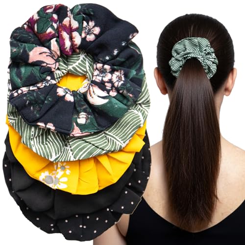 likemary Oversized Hair Scrunchies for Women, Gentle on Thick and Thin Hair | Match Your Mood and Outfit, 5-Pack Snag-Free Elastic Hair Ties for Buns and Ponytails, Made from Reclaimed Fabric, Gift-Boxed