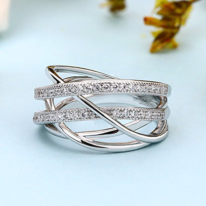 JO WISDOM 925 Sterling Silver Criss Cross Rings CZ Eternity Engagement Wedding Band Ring