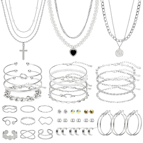 NEWITIN 49 Pieces Gold Jewelry Set for Women Fashion Costume Jewelry Gold Plated Necklace Bracelet Ring Earrings Set for Women - color: Silver Jewelry Set