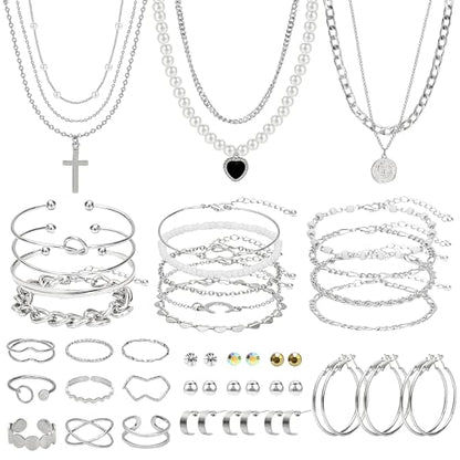 NEWITIN 49 Pieces Gold Jewelry Set for Women Fashion Costume Jewelry Gold Plated Necklace Bracelet Ring Earrings Set for Women - color: Silver Jewelry Set