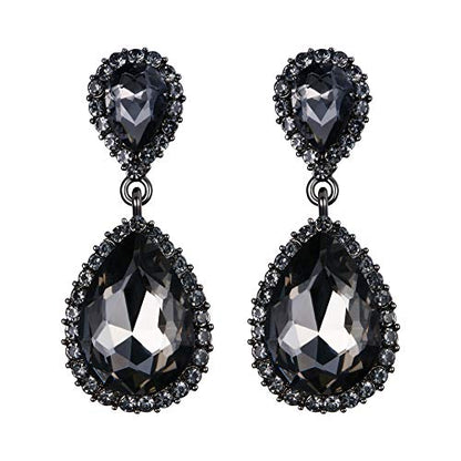 EVER FAITH Women's Austrian Crystal Wedding Tear Drop Dangle Earrings | Bridal Prom Jewelry for Bride Bridesmaid - color: Grey Black-Tone