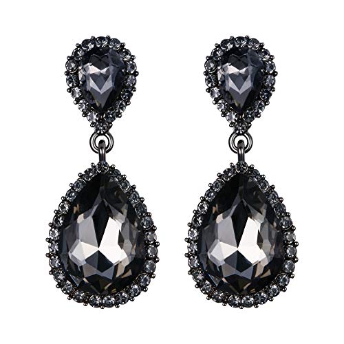 EVER FAITH Women's Austrian Crystal Wedding Tear Drop Dangle Earrings | Bridal Prom Jewelry for Bride Bridesmaid - color: Grey Black-Tone