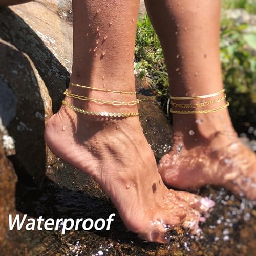 Dainty Ankle Bracelets for Women Waterproof | Layered Gold Plated Tennis Cuban Snake Rope Paperclip Beaded Link Chains Set, Summer Beach Jewelry Gift - color: Gold Anklet B