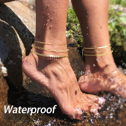 Dainty Ankle Bracelets for Women Waterproof | Layered Gold Plated Tennis Cuban Snake Rope Paperclip Beaded Link Chains Set, Summer Beach Jewelry Gift - color: Gold Anklet B
