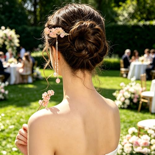 6 PCS Chinese Hair Sticks Set Pink Flower Tassel Hair Stick with Pearl Traditional Asian Metal Hair Chopsticks Long Hair Bun Updo Holders Accessories for Women Girls Hanfu Party Wedding