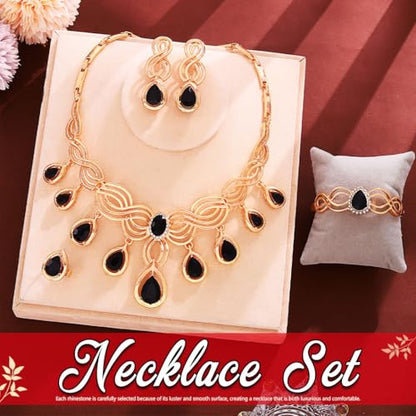 JEAIRTS Black Crystal Necklace Set 4Pcs Statement Jewelry Sets for Women | Black and Gold Formal Necklace Earrings Ring Bracelet Sets