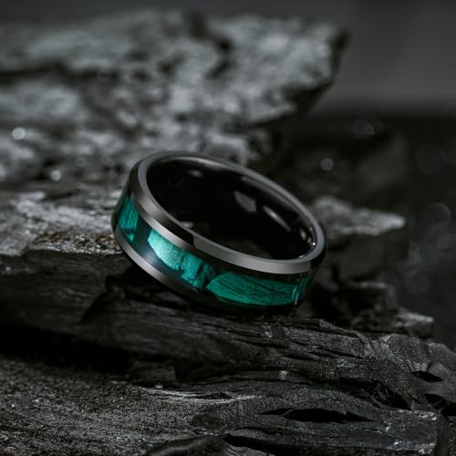 King Will Tungsten Wedding Band Wood Inlay for Men Black Beveled Edge | Black, 8mm, Beveled Edge, Comfort Fit, Wood inlay, Promise Gift - color: Black-Green