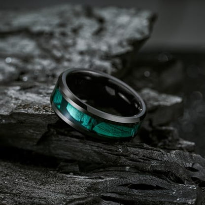 King Will Tungsten Wedding Band Wood Inlay for Men Black Beveled Edge | Black, 8mm, Beveled Edge, Comfort Fit, Wood inlay, Promise Gift - color: Black-Green