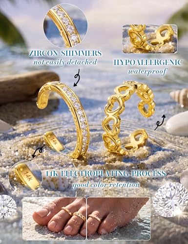 FASACCO 9Pcs 14K Gold Filled Toe Rings Non Tarnish Toe Rings for Women | Adjustable Open Band Ring, Silver Plated Toe Ring, Waterproof Summer Beach Foot Jewelry - color: 14K Gold-Row