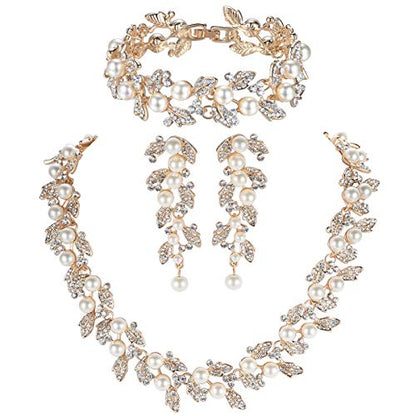 Simulated Pearl Leave Floral Bridal Jewelry Sets, Crystal Wedding Necklace Earrings Bracelet Sets Jewelry Engagement Gift - color: A-Gold