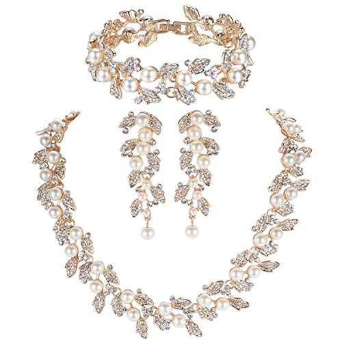Simulated Pearl Leave Floral Bridal Jewelry Sets, Crystal Wedding Necklace Earrings Bracelet Sets Jewelry Engagement Gift - color: A-Gold