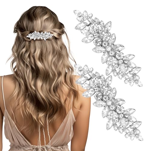 2Pcs Rhinestone Hair Pins for Women, Silver Bridal Barrettes | Vintage Wedding Hairpins, Silver, Sparkly Crystal Hair Clips for Bridal Brides Wedding - style: Rhinestones