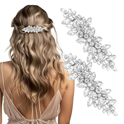 2Pcs Rhinestone Hair Pins for Women, Silver Bridal Barrettes | Vintage Wedding Hairpins, Silver, Sparkly Crystal Hair Clips for Bridal Brides Wedding - style: Rhinestones