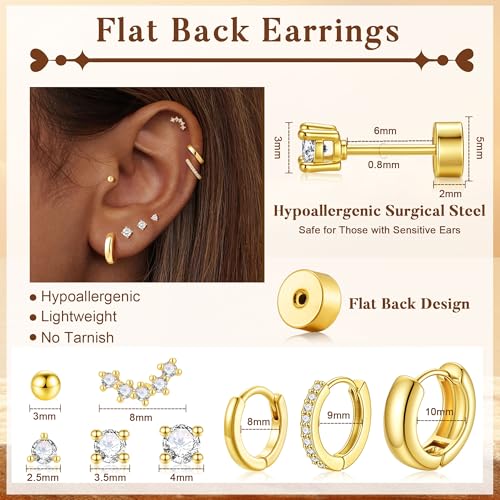 Turandoss 8 Pairs Gold Stud Hoop Earrings for Women | 14K Gold Plated Small Huggie Hoop Earrings, Flat Back Cartilage Earring Stacks Set, Multiple Piercing, Hypoallergenic - color: 14K Gold Plated