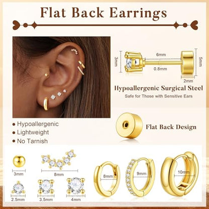 Turandoss 8 Pairs Gold Stud Hoop Earrings for Women | 14K Gold Plated Small Huggie Hoop Earrings, Flat Back Cartilage Earring Stacks Set, Multiple Piercing, Hypoallergenic - color: 14K Gold Plated