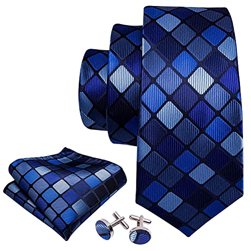 YOHOWA Men Plaid/Striped Ties Clip Set Silk Necktie Pocket Square Cufflinks | Woven Classic,Formal/Casual Mens Tie,Pocket Square Cufflinks Set,Luxury,Business,Wedding,Party,Prom,Graduation - color: A Blue Black Plaid