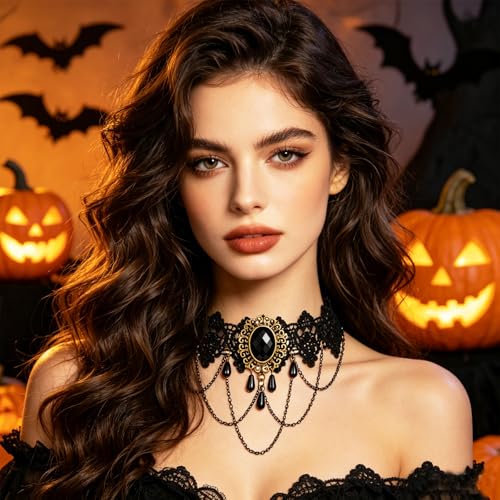 coadipress Gothic Lace Choker Necklace for Women Crystal Royal Court Vampire Choker Gothic Necklace Retro Handmade Halloween Gifts