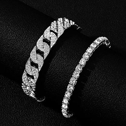 HH BLING EMPIRE 14K Gold and Silver Bracelets Diamond Tennis and Cuban Link Bracelet for Men Women Hip Hop Jewelry - color: Set B-Silver, size: 7.5"