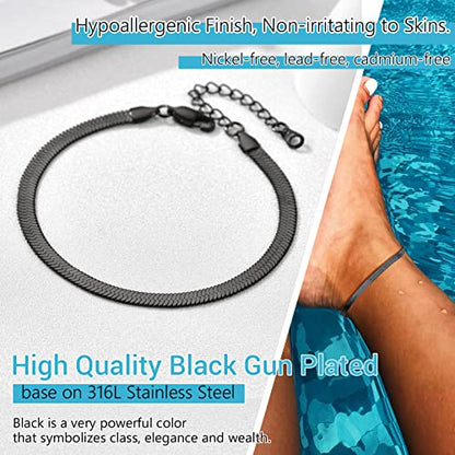 PROSTEEL 316L Stainless Steel Herringbone Flat Chain Bracelets/Anklets, Beautiful Summer Jewelry, Black/Yellow Gold/Rose Gold Plated, 6.3inch/8.5inch Adjustable, Come Box - color: Black
