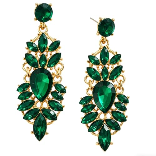 Rhinestone Drop Earrings for Women Chunky Gold Crystal Teardrop Earrings Statement Wedding Party Prom Bridal Jewelry - color: Green