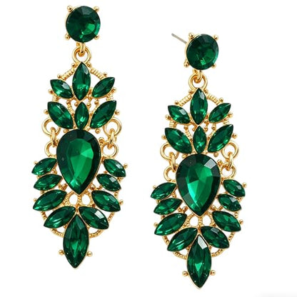Rhinestone Drop Earrings for Women Chunky Gold Crystal Teardrop Earrings Statement Wedding Party Prom Bridal Jewelry - color: Green