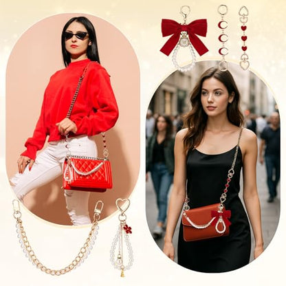 Sureio 5 Pcs Bag Extender Chain Pearl Purse Chain Ribbon Bow Keychain Extender Bag Strap Purse Charms Accessories for Handbag - color: Gold and Red