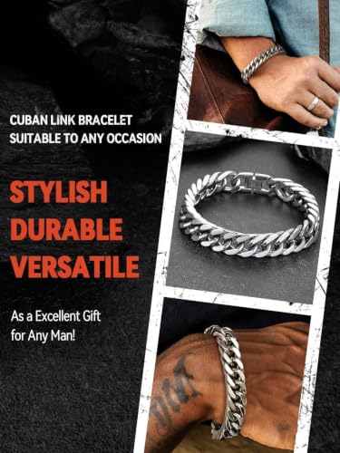 FaithHeart Mens Stainless Steel Cuban Link Bracelet, Tarnish Resistant | 6/8/12/17mm Silver/Black/Gold Sturdy Hip Hop Wrist Chain Bracelets Daily Wear with Gift Box, 7.5"/8.3"/9.1" Length - color: A. Silver-12mm Width, size: Length 7.5 Inches