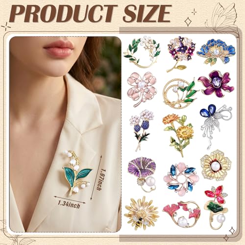 Sasylvia 16 Pcs Women Brooch Set Rhinestone Vintage Animal Insect Plant Pins Brooches Bulk for Christmas Women Girls Gifts - style: Flower