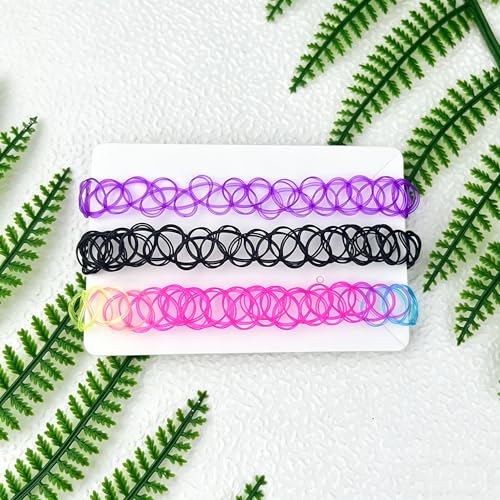 3PCS Black Tattoo Choker Necklace Rainbow Tattoo Chokers Necklace Purple Tattoo Choker 90s Chokers Gothic Y2K 2000s Collar Adjustable Stretchy Elastic Necklace Jewelry Gift for Women