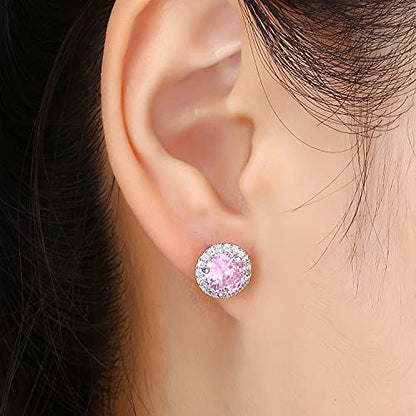 YOMELA Round Cubic Zirconia Stud Earrings for Women | Everyday Dainty, Diamond-Like Brilliance, CZ Halo Birthstone Studs, Hypoallergenic & Lightweight, Elegant & Versatile - color: Pink