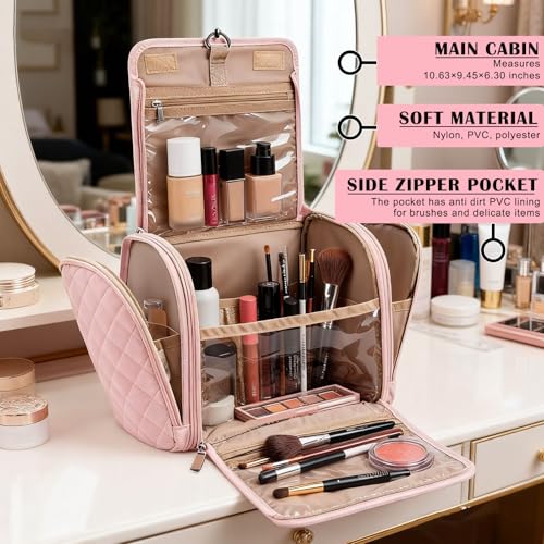 banapoy Hanging Toiletry Bag for Women, Roll up Cosmetics Makeup Bag, Travel Makeup Cosmetic Organizer with Hanging Hook, for Jewelry Toiletries, 10.63x9.45x6.30in (Pink) - color: Pink
